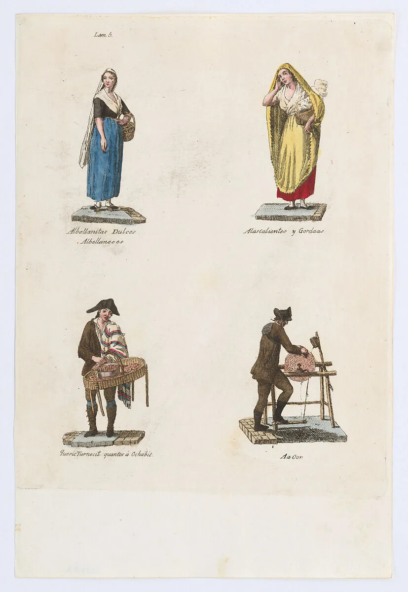 Plate 5: four street vendors from Madrid selling sweet albellanitas dulces, alacalienties, tender cuts and a knife grinder, from 'Los Gritos de Madrid' (The Cries of Madrid) — Imprenta Real, Madrid|Miguel Gamborino