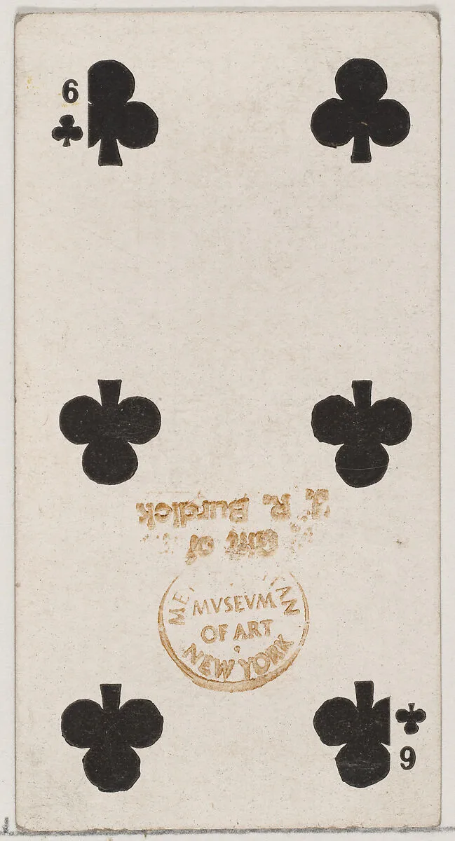 Six Clubs (black), from the Playing Cards series (N84) for Duke brand cigarettes — W. Duke, Sons & Co.
