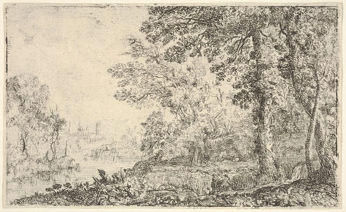 A landscape with a monk and an angel in the center, a town to the left (The Vision) — Claude Lorrain (Claude Gellée)
