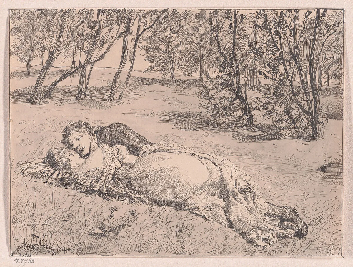 Paar im Grase–Umarmung in einer Landschaft (A Couple on the Grass–An Embrace in a Landscape) — Max Klinger