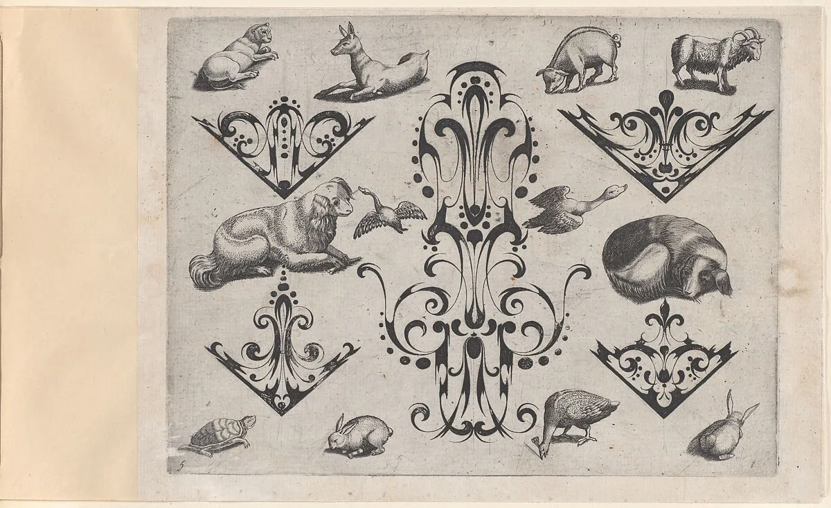 Blackwork Designs with Various Mammals and Birds, Plate 5 from a Series of Blackwork Ornaments combined with Figures, Birds, Animals and Flowers — Jakob Hoefnagel|Jacques Callot|Meinert Gelijs
