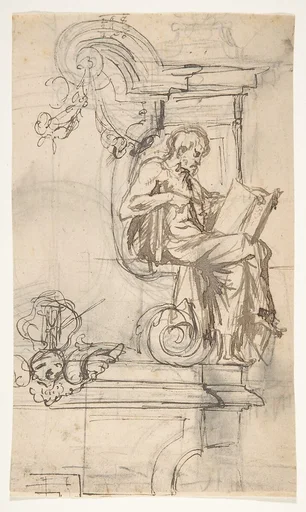 Design for a sepulchral monument with a seated prophet or philosopher; verso: Sketches