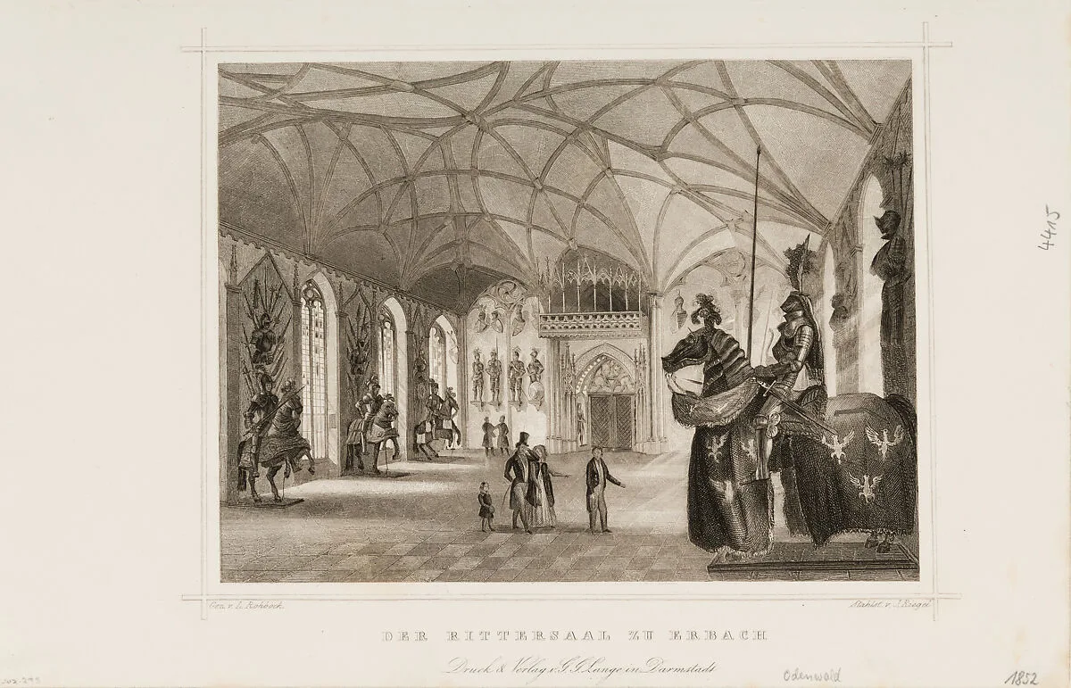 Print of Der Rittersaal zu Erbach (Interior of Gothic Revival armory of Erbach Castle) — Ludwig Rohbock|J. Riegel