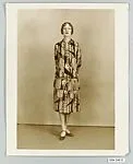 8 x 10 inch black and white photograph of models wearing dress made from Stehli Silks Americana Print collection. — Kadel & Herbert Commercial Department|Stehli Silks Corporation