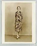 8 x 10 inch black and white photograph of models wearing dress made from Stehli Silks Americana Print collection.
