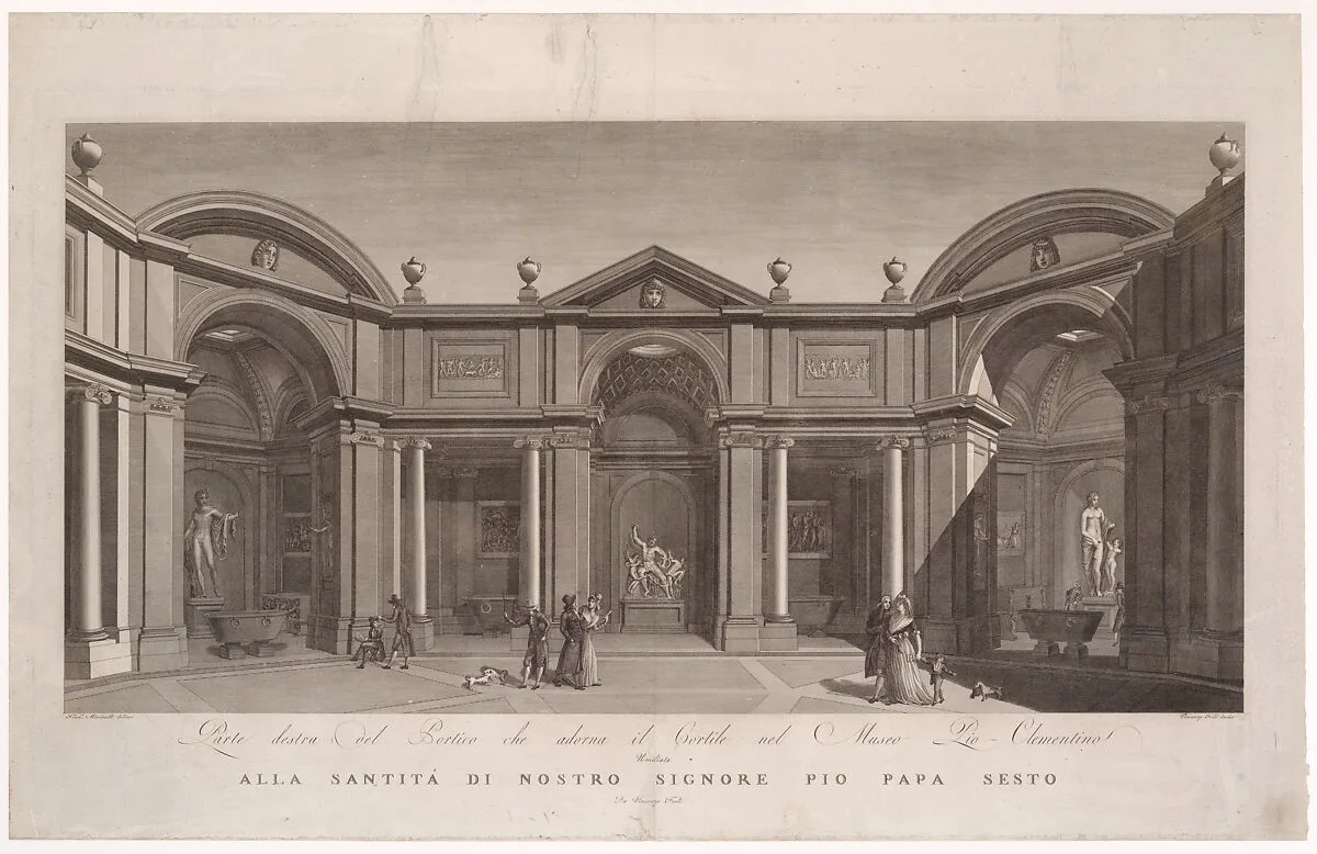 Right side of the portico in the courtyard of the Museo Pio-Clementino, from 'Veduta generale in prospettiva del cortile nel Museo Pio-Clementino' — Vicenzo Feoli|Francesco Miccinelli