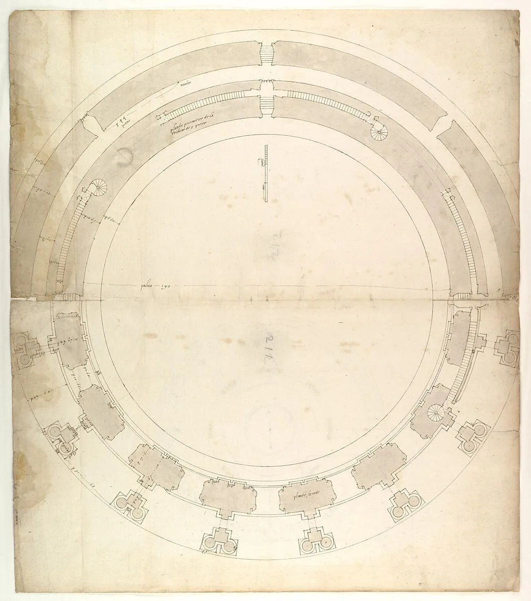 St. Peter's, drum, plan, at two levels (recto) compass (verso) — Anonymous, French, 16th century