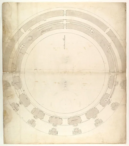 St. Peter's, drum, plan, at two levels (recto) compass (verso)