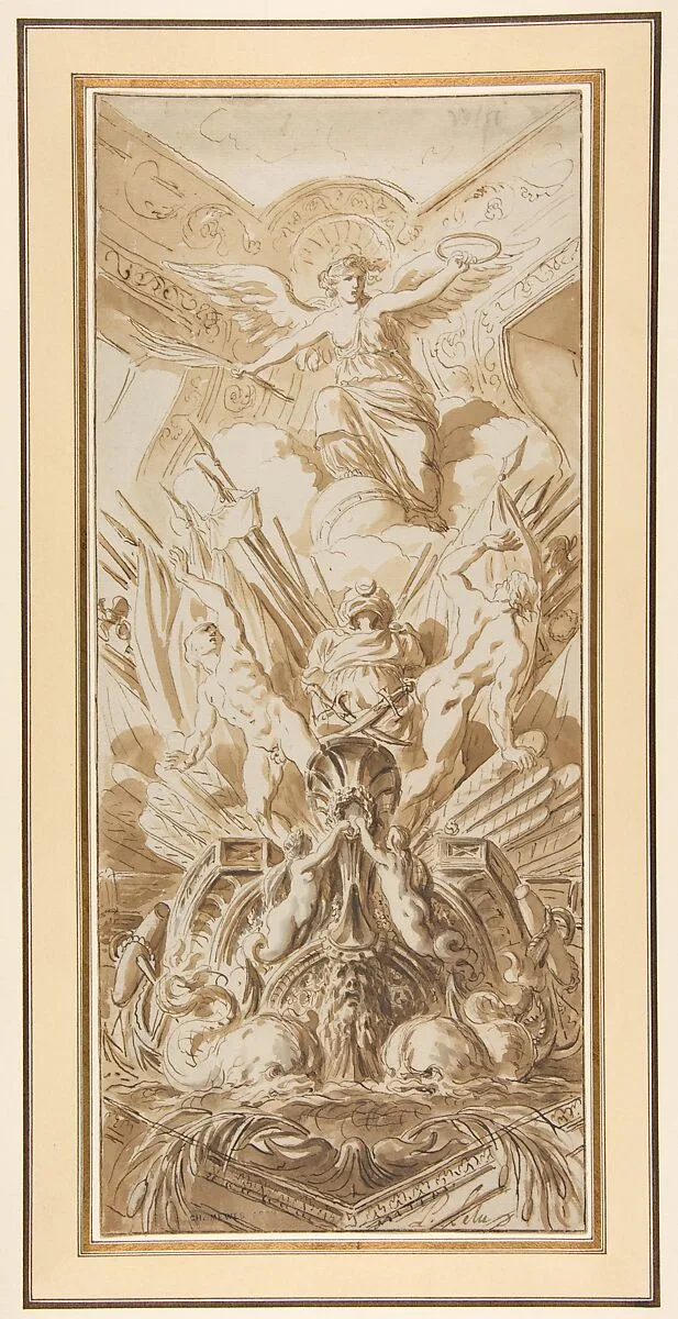 Corner of the Ambassador's Staircase at Versailles (recto); Sketches of Figures and Dolphins (verso) — Pierre Lélu