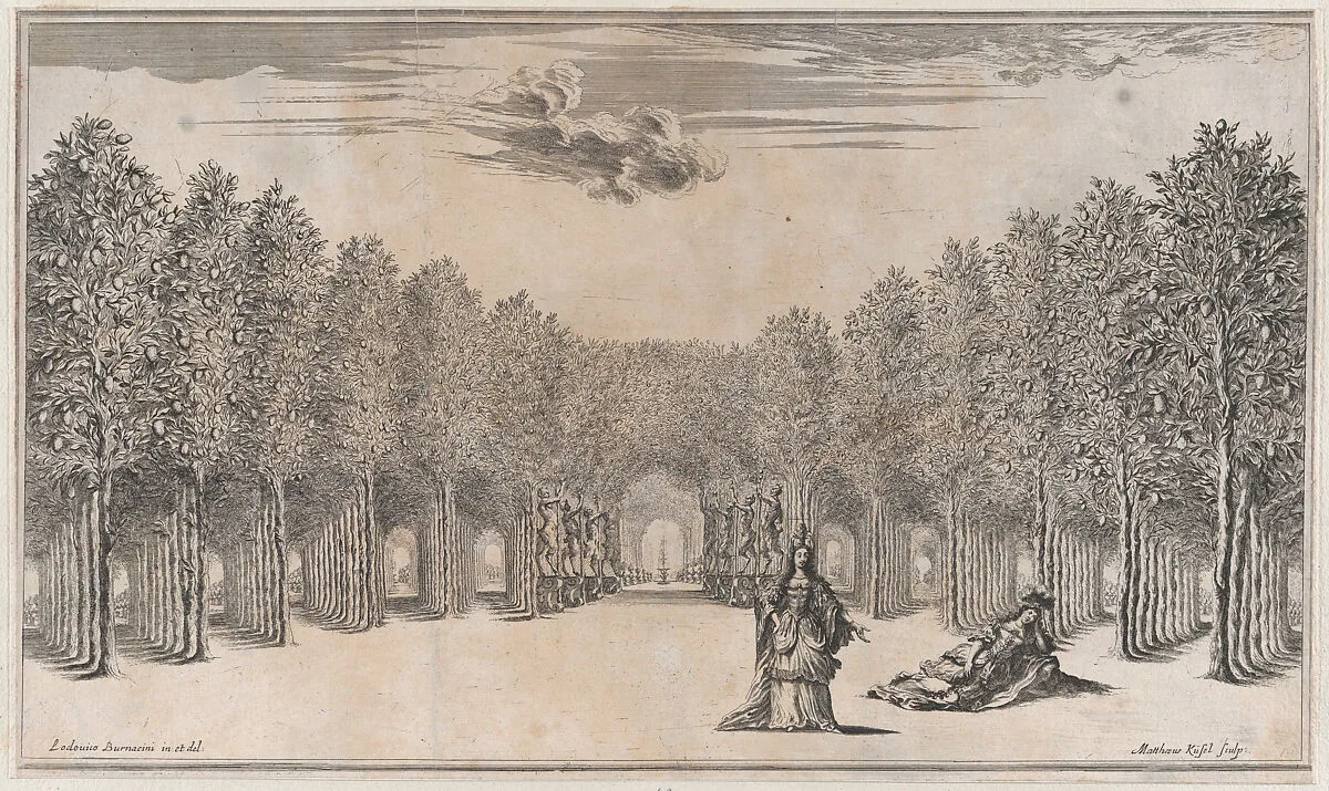 Two females in the foreground, one standing the other reclining, surrounded by tree-lined paths; set design from 'Il Pomo D'Oro' — Ludovico Ottaviano Burnacini|Mathäus Küsel
