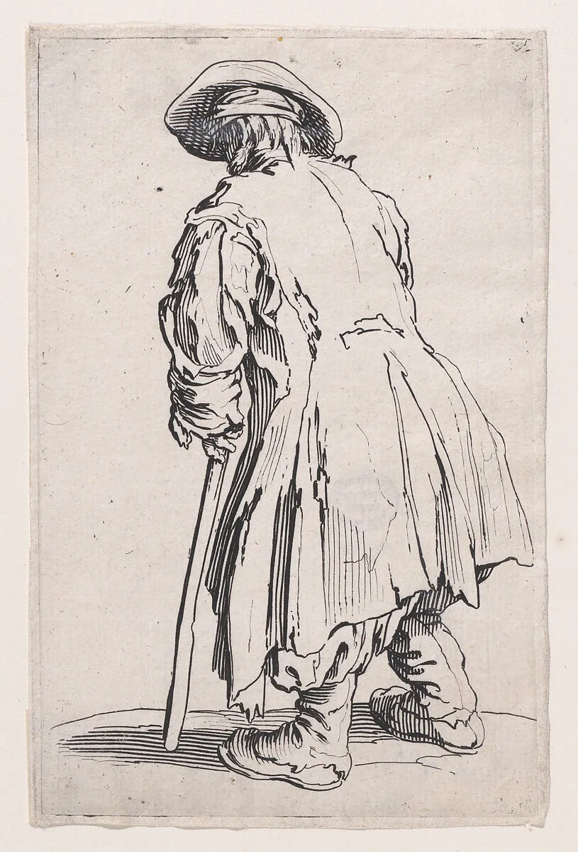 La Vieux Mendiant a une Seule Béquille (The Old Beggar with Only One Crutch), from Les Gueux suite appelée aussi Les Mendiants, Les Baroni, ou Les Barons (The Beggars, also called the Barons) — Jacques Callot