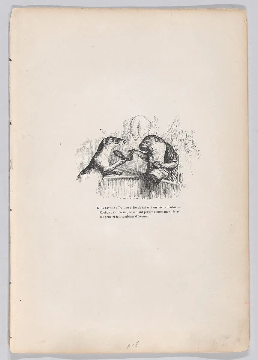 "Here, the civet offers a hit of snuff to an old beaver" from Scenes from the Private and Public Life of Animals — Honoré de Balzac|J. J. Grandville|Andrew Best Leloir