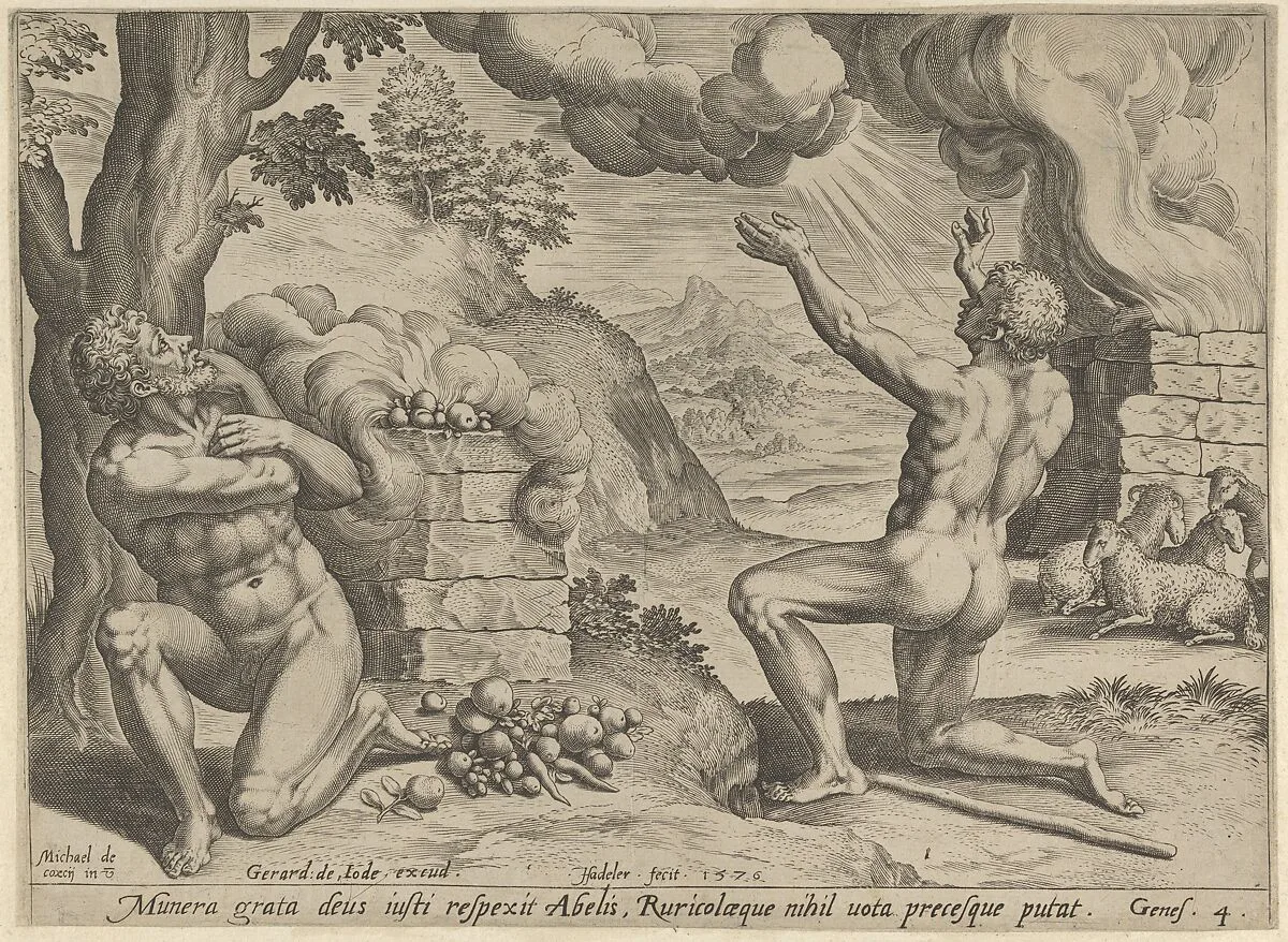 The sacrifice of Abel (plate 1 from The Story of Cain and Abel) — Gerard de Jode|Michiel Coxie (I)|Johann Sadeler I
