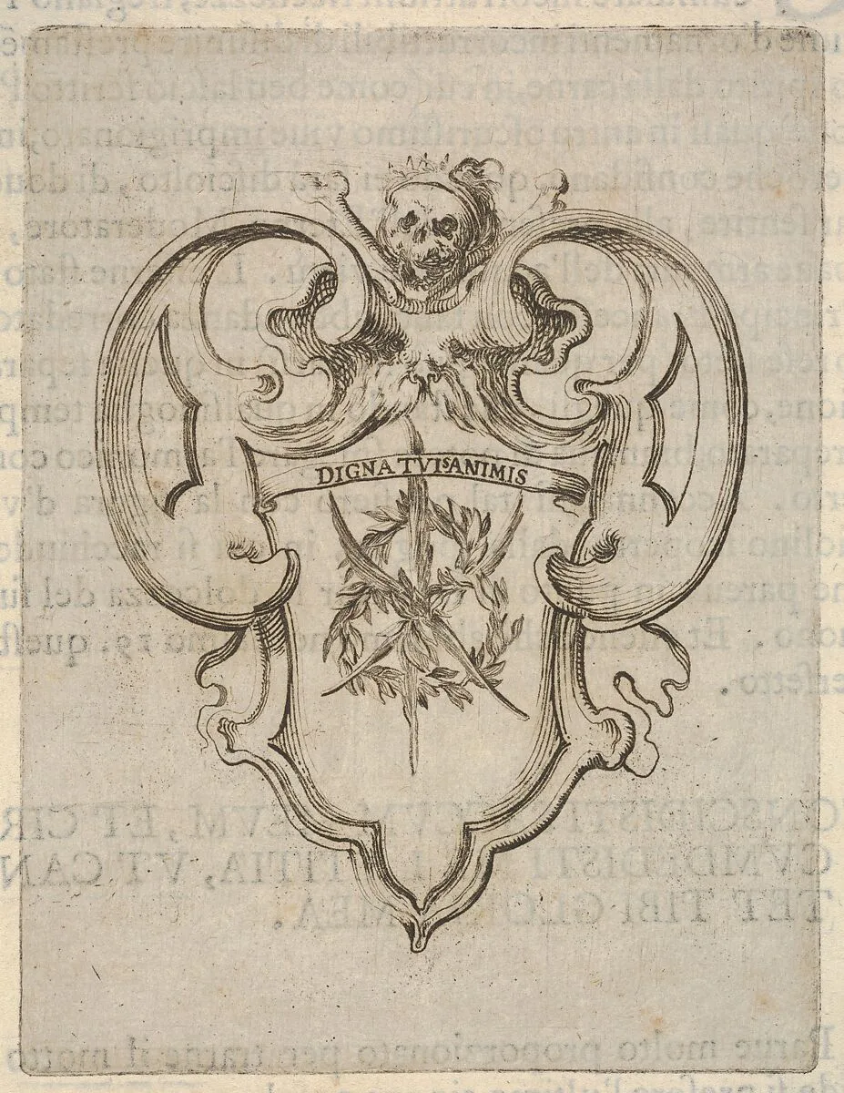 A cartouche with a wreath of laurel and palms, a skull and crossbones at top, from 'Eight Emblems for the Funeral of Francesco de Medici' (Huit emblèmes pour les funérailles du prince François de Médicis) — Stefano della Bella