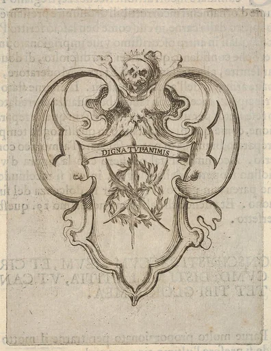 A cartouche with a wreath of laurel and palms, a skull and crossbones at top, from 'Eight Emblems for the Funeral of Francesco de Medici' (Huit emblèmes pour les funérailles du prince François de Médicis)