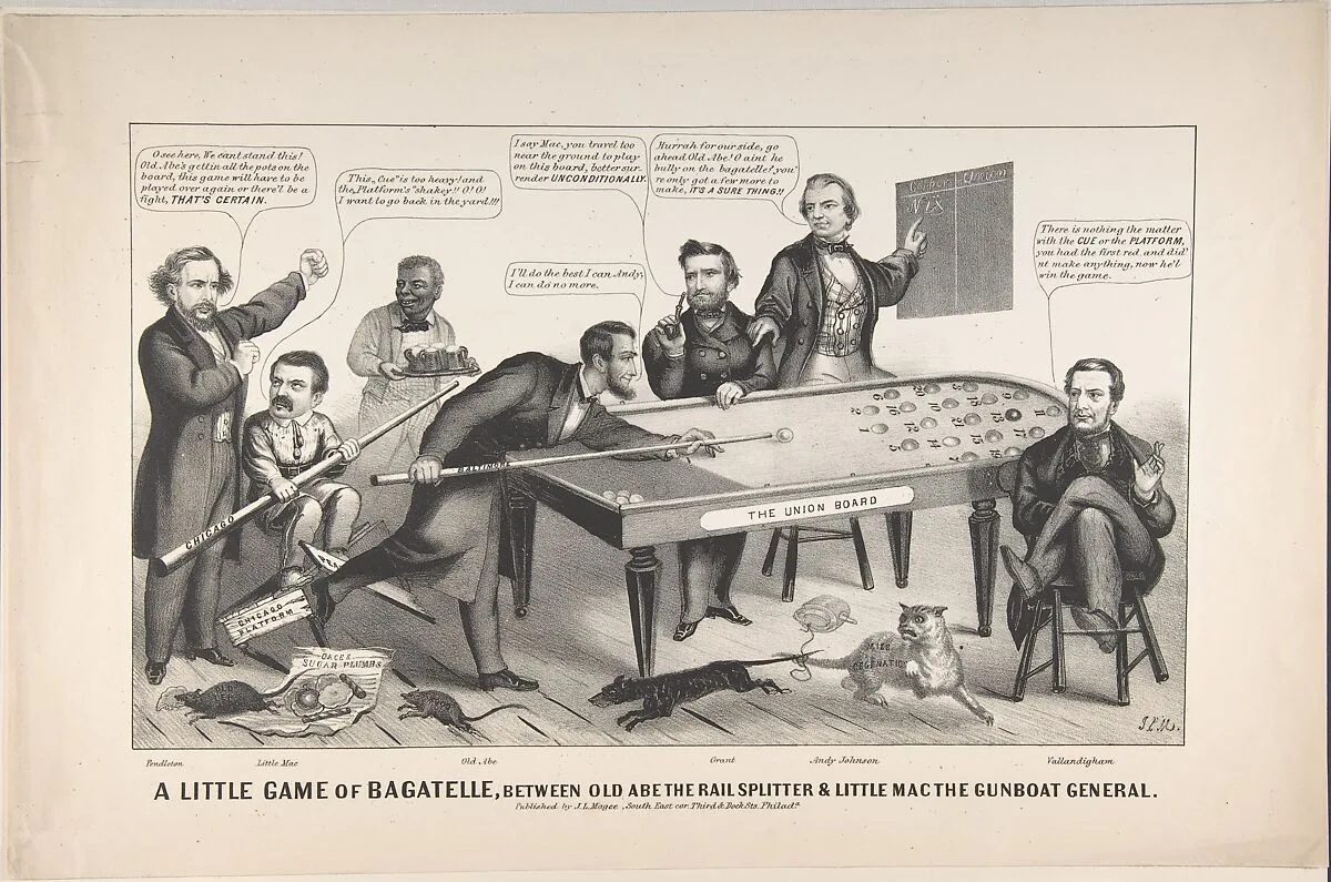 A Little Game of Bagatelle, Between Old Abe the Rail Splitter & Little Mac the Gunboat General — John L. Magee|Ulysses S. Grant|General George B. McClellan|Abraham Lincoln|Andrew Johnson