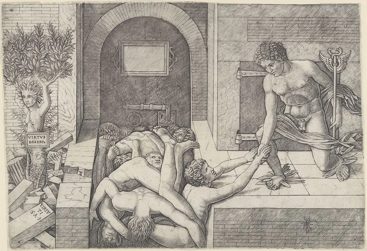 Ignorance and Mercury (an allegory of Virtue and Vice), Mercury kneeling at right holding a staff and taking the hand of a man who emerges from a pile of naked bodies, at left a tree with the torso and head of a woman (Daphne) — Giovanni Antonio da Brescia