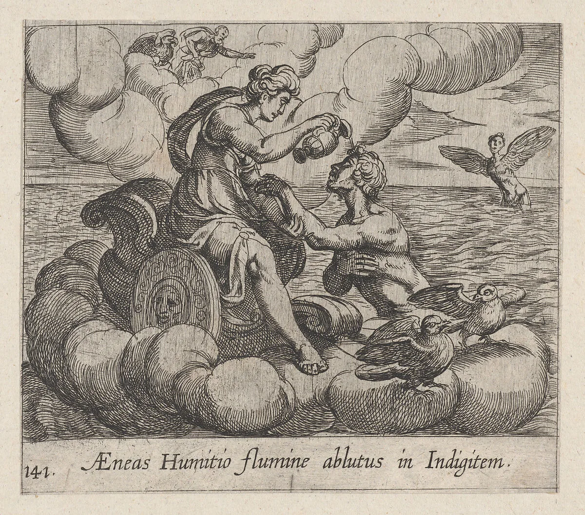 Plate 141: The Immortalization of Aeneas (AEneas Humitio flumine ablutus in Indigitem), from Ovid's 'Metamorphoses' — Antonio Tempesta