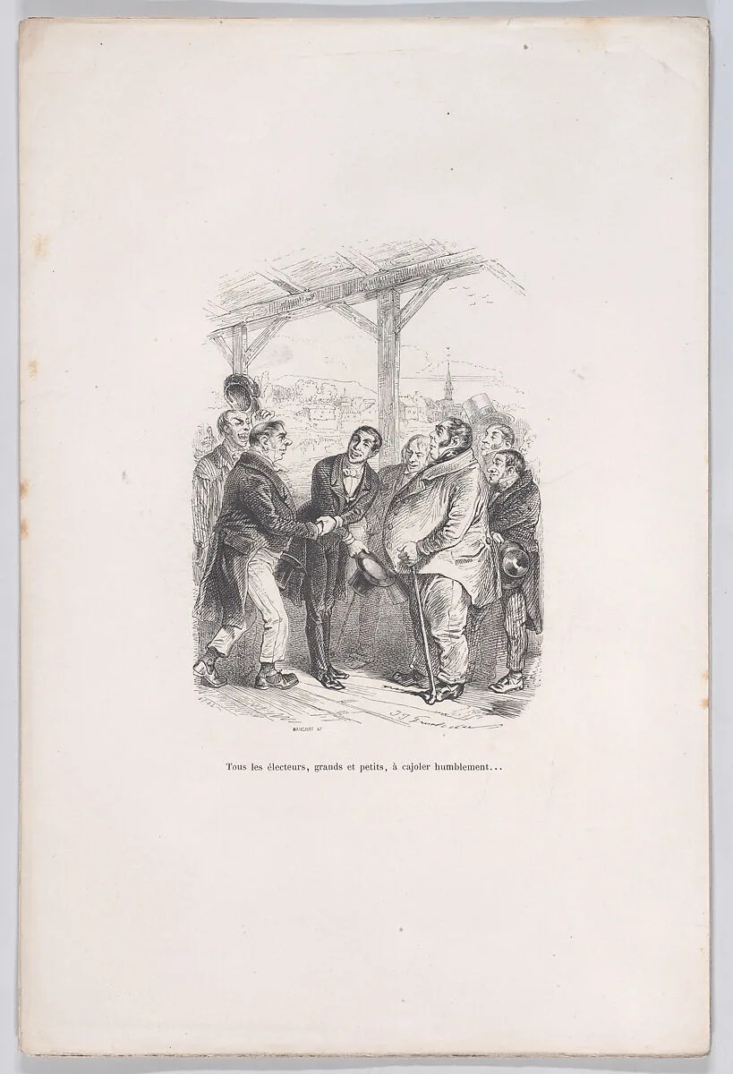 "All voters, big and small, gather to humbly coax each other..." from the Little Miseries of Human Life — Brugnot|Paul-Emile-Daurand Forgues|Henri Fournier|J. J. Grandville