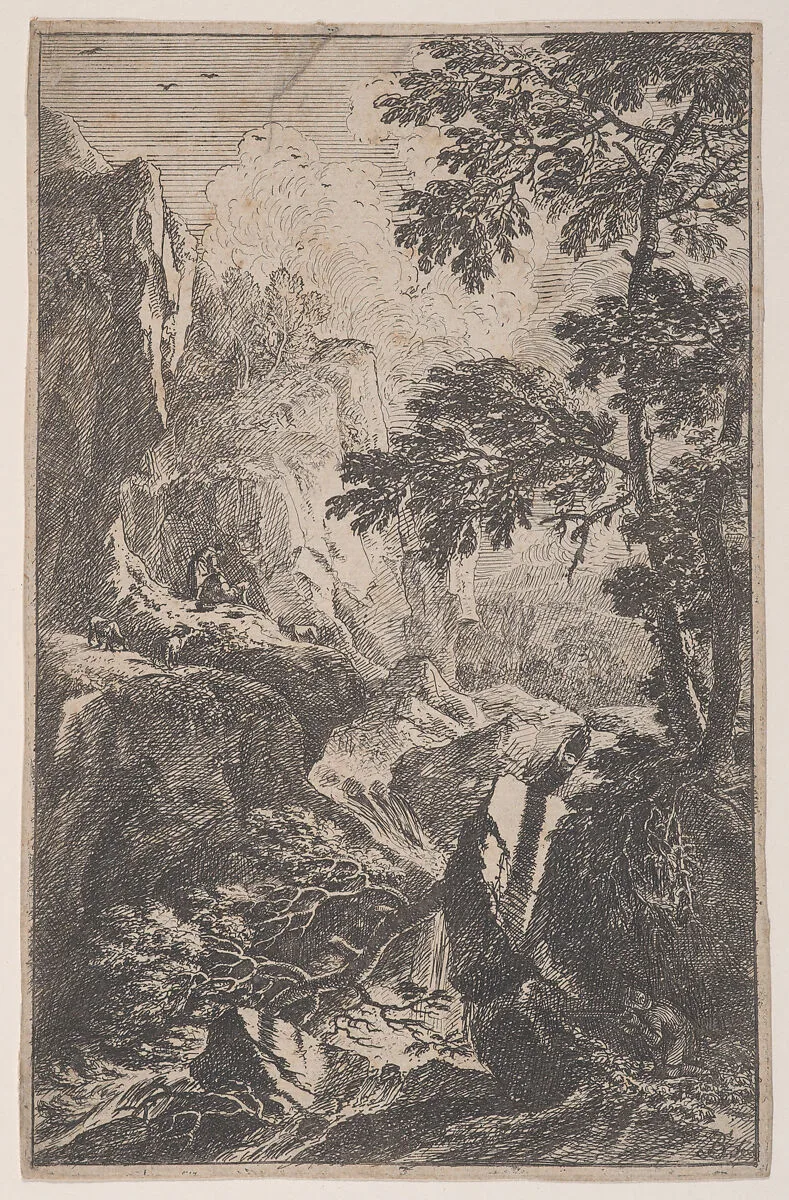 Plate 2: a hunter aiming with his gun, kneeling next to a large rock at right, a male figure with three chamois on a rock at left, from 'Landscapes in the manner of Salvator Rosa' (Die Landschaften in Sal. Rosa's) — Franz Joachim Beich