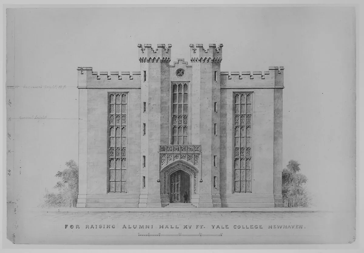 Proposal for Raising by 15 feet, Alumni Hall, Yale College, New Haven (elevation of facade) — Alexander Jackson Davis