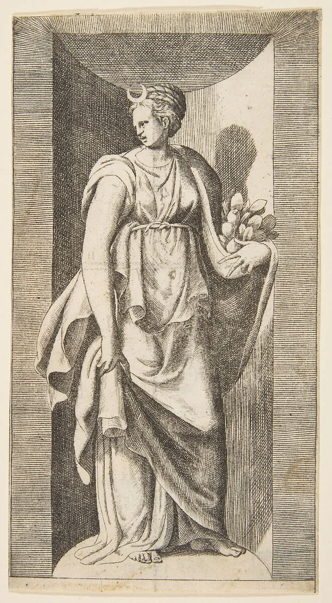Diana holding fruit in her left hand standing within a niche — Giulio Bonasone