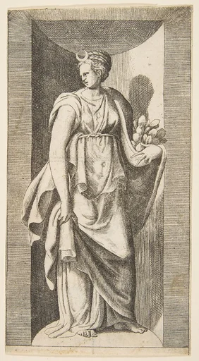 Diana holding fruit in her left hand standing within a niche
