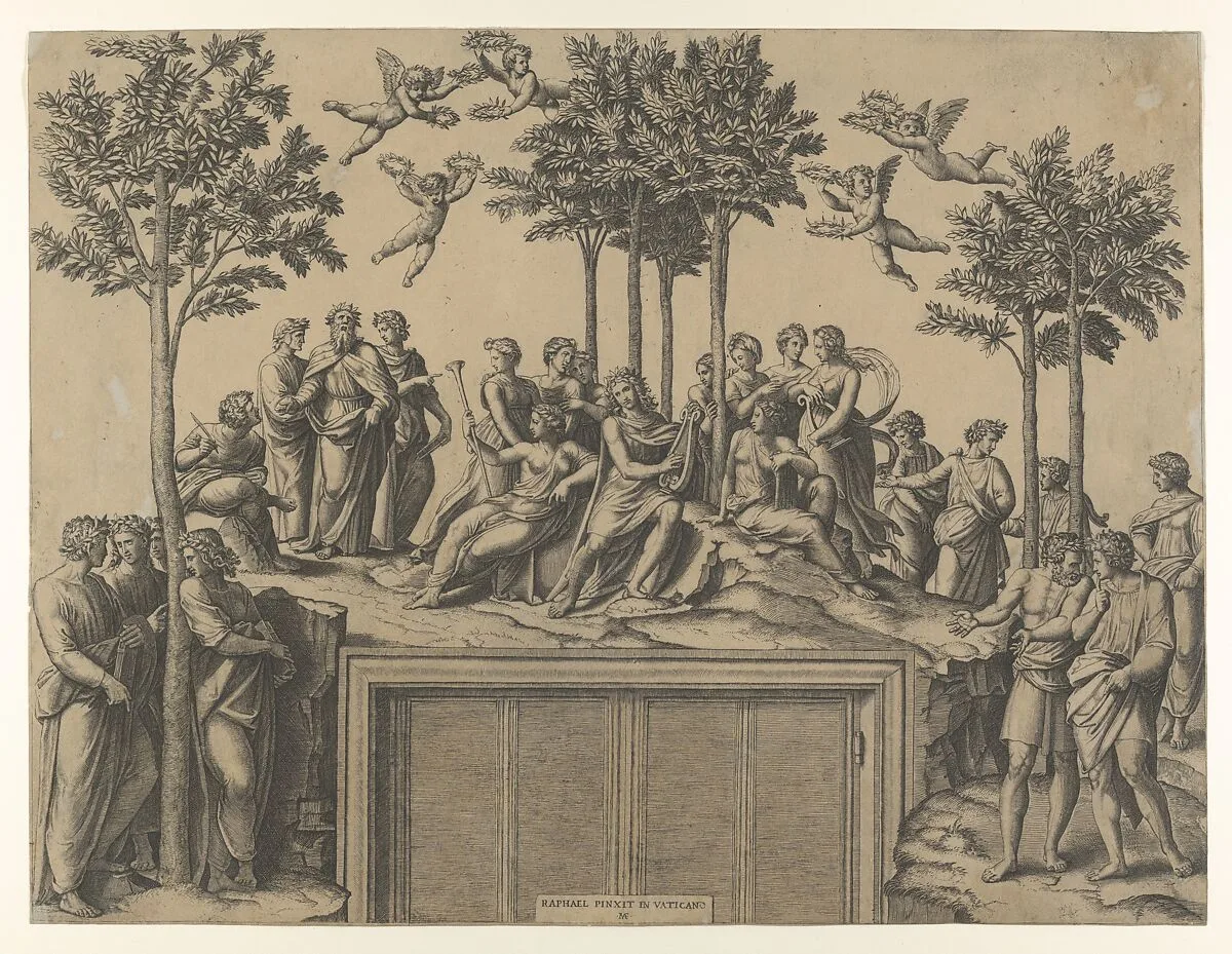 Apollo sitting on Parnassus surrounded by the muses and famous poets — Raphael (Raffaello Sanzio or Santi)|Marcantonio Raimondi