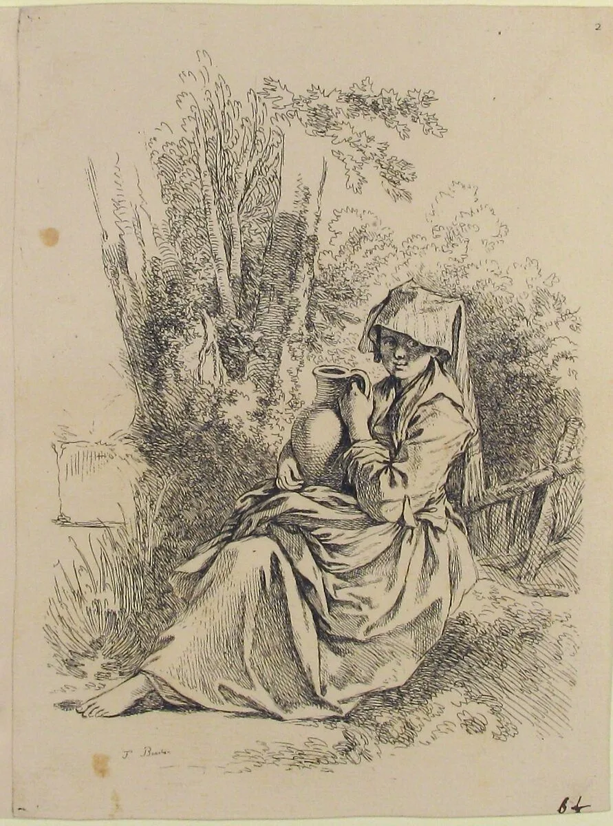 Seated Young Peasant Woman Holding a Jug, from Nouveau Livre de diverse Figures (New Book of Various Figures) — François Boucher|Gabriel Huquier