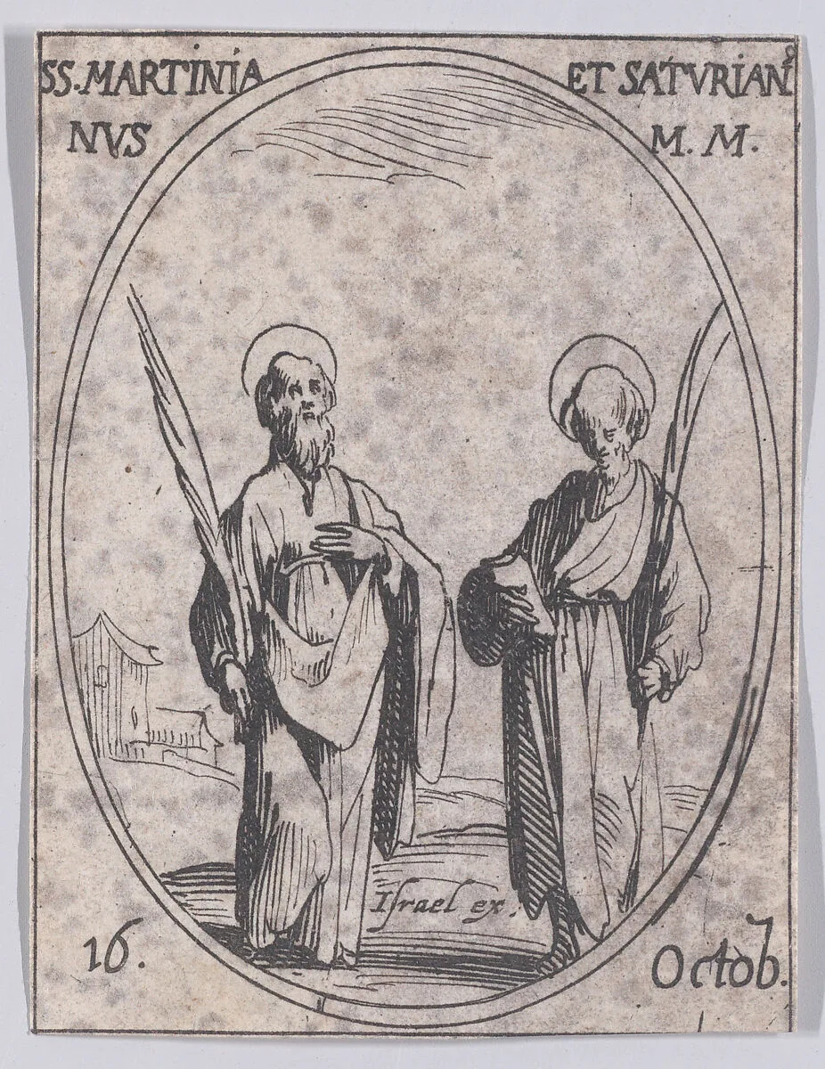 S. Martinien et S. Saturien (St. Martinian and St. Saturnian), October 16th, from "Les Images De Tous Les Saincts et Saintes de L'Année" (Images of All of the Saints and Religious Events of the Year) — Jacques Callot|Israël Henriet