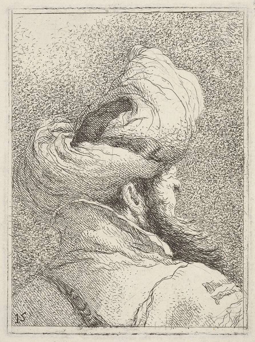 Bearded man wearing a turban, depicted in bust length from behind in three-quarters view, from the series 'Collection of heads' (Raccolta di teste) — Giovanni Domenico Tiepolo