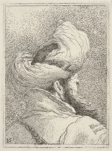Bearded man wearing a turban, depicted in bust length from behind in three-quarters view, from the series 'Collection of heads' (Raccolta di teste)