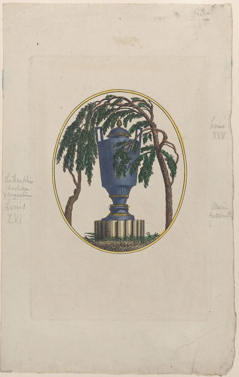 Weeping willow and urn with hidden silhouettes of the French royal family — Anonymous|Louis XVII|Louis XVI, King of France|Marie Antoinette, Queen of France