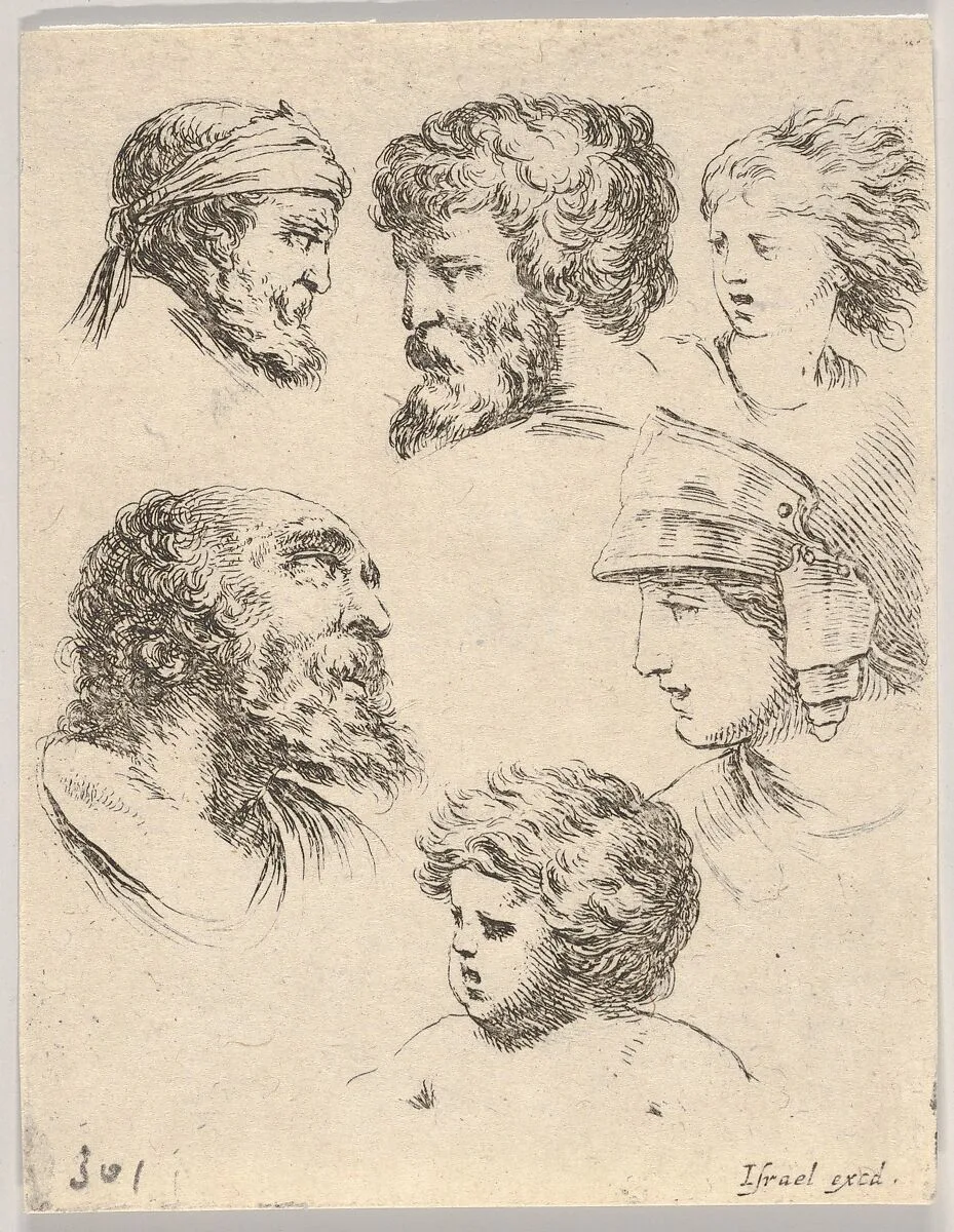 Plate 10: six heads, three bearded men, one soldier, and two children from 'The Book for Learning to Draw' (Livre pour apprendre à dessiner) — Stefano della Bella|Israël Henriet