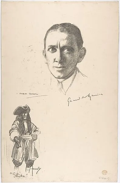 Portrait Head of the actor Sir Gerald Du Maurier, also shown full-length in costume — John Hassall|Charles A. Buchel|Sir Gerald Du Maurier