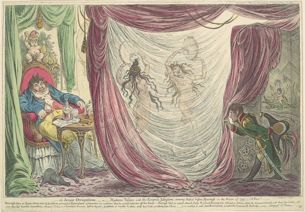 Ci-devant Occupations; or, Madame Talian and the Empress Josephine Dancing Naked before Barrass in the Winter of 1797. - A Fact! — James Gillray|Hannah Humphrey|Paul François Jean Nicolas, Viscount of Barras|Thérésa Tallien|Joséphine Bonaparte