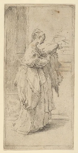 Girl carrying a cushion, seen in profile facing right