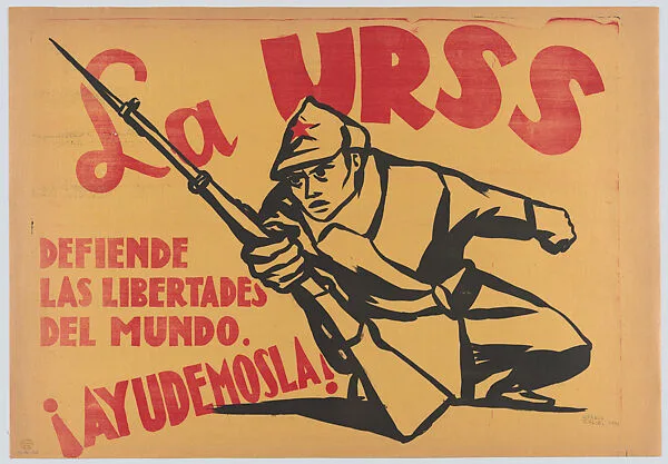 Poster showing a soldier with a bayonet relating to the USSR defending the liberty of the world and encouraging the Mexican government to join the Allied cause — Alfredo Zalce|Taller de Gráfica Popular