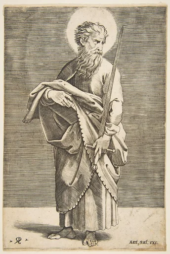 Saint Paul looking to the right and holding a sword and a book