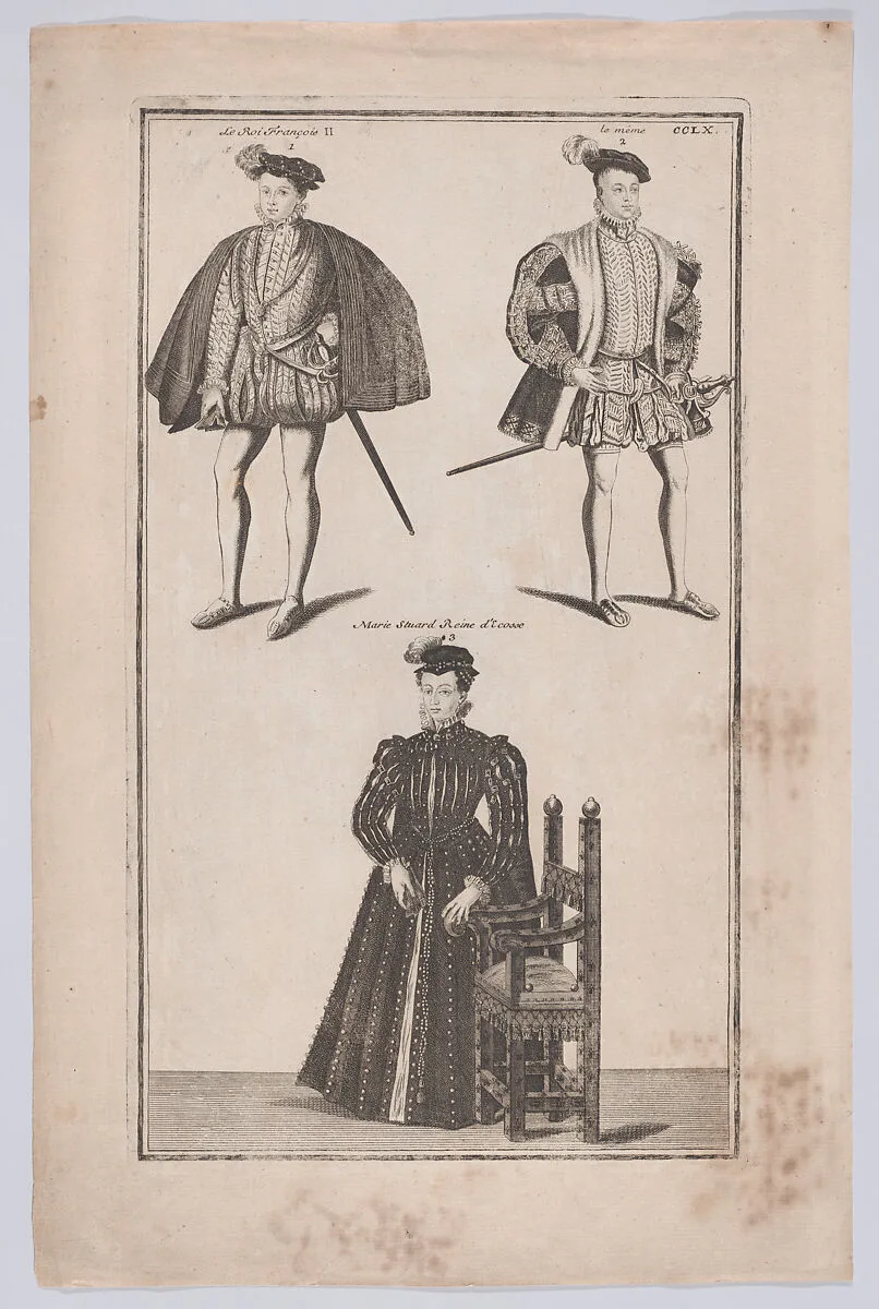 Mary, Queen of Scots below two portraits of Francis II, King of France in costume — Mary, Queen of Scots|François II, King of France