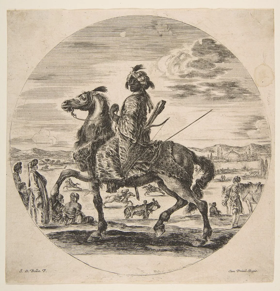 A Moorish horseman facing the left, standing and seated Turks in the middle ground, and other horsemen in the background, from 'Figures on Horseback' (Cavaliers nègres, polonais et hongrois) — Stefano della Bella