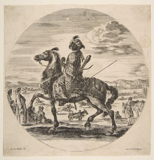 A Moorish horseman facing the left, standing and seated Turks in the middle ground, and other horsemen in the background, from 'Figures on Horseback' (Cavaliers nègres, polonais et hongrois)