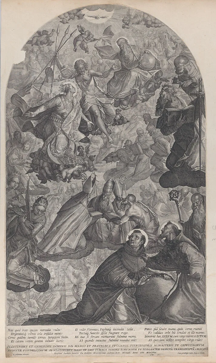 The vision of Saint Dominic, with God the Father and Christ at top center, the Virgin standing below on the crescent moon, and Saint Francis of Assisi and Saint Dominic in the foreground — Paolo Piazza|Raphael Sadeler II