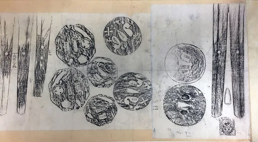 Scroll Showing a Collection of Rubbings from Tangs (<i>Nakago</i>) of Ancient Swords with Signatures of Makers