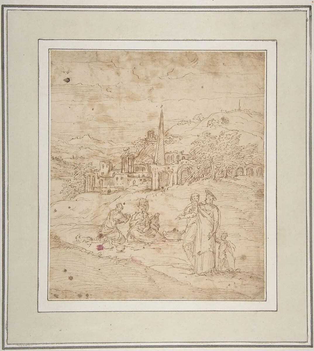 Standing and Seated Figures in a Landscape with an Obelisk — Giovanni Battista Pittoni the Elder