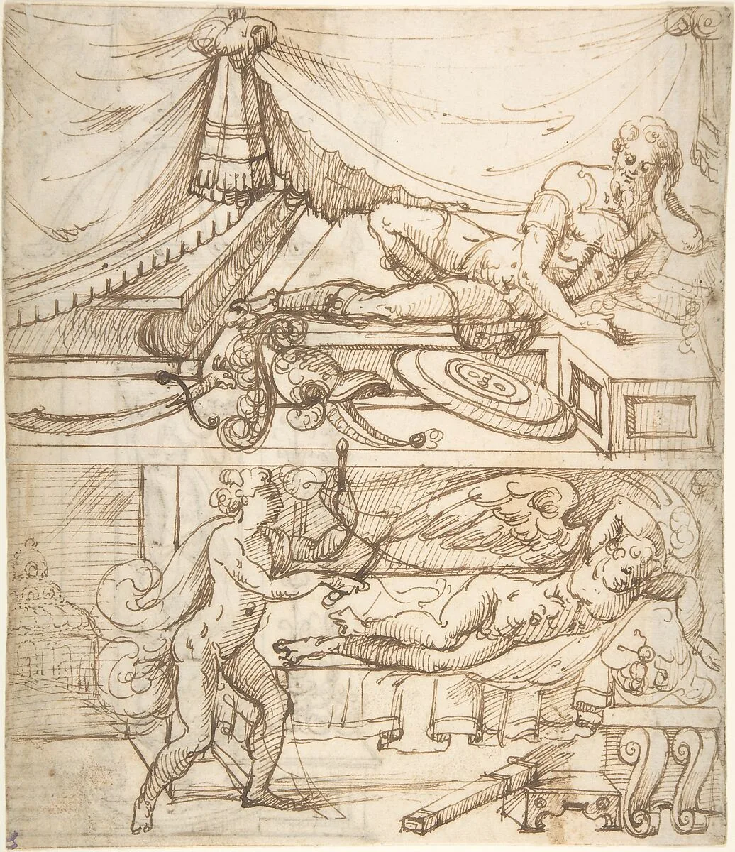 Two scenes; a reclining warrior above, sleeping cupid below (recto); grotesque niche with standing warrior (verso) — Andrés de Melgar