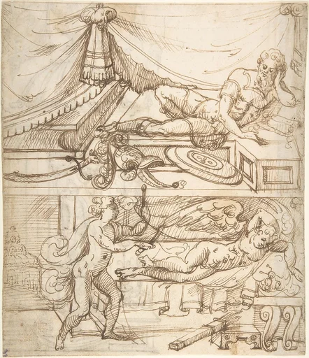 Two scenes; a reclining warrior above, sleeping cupid below (recto); grotesque niche with standing warrior (verso)