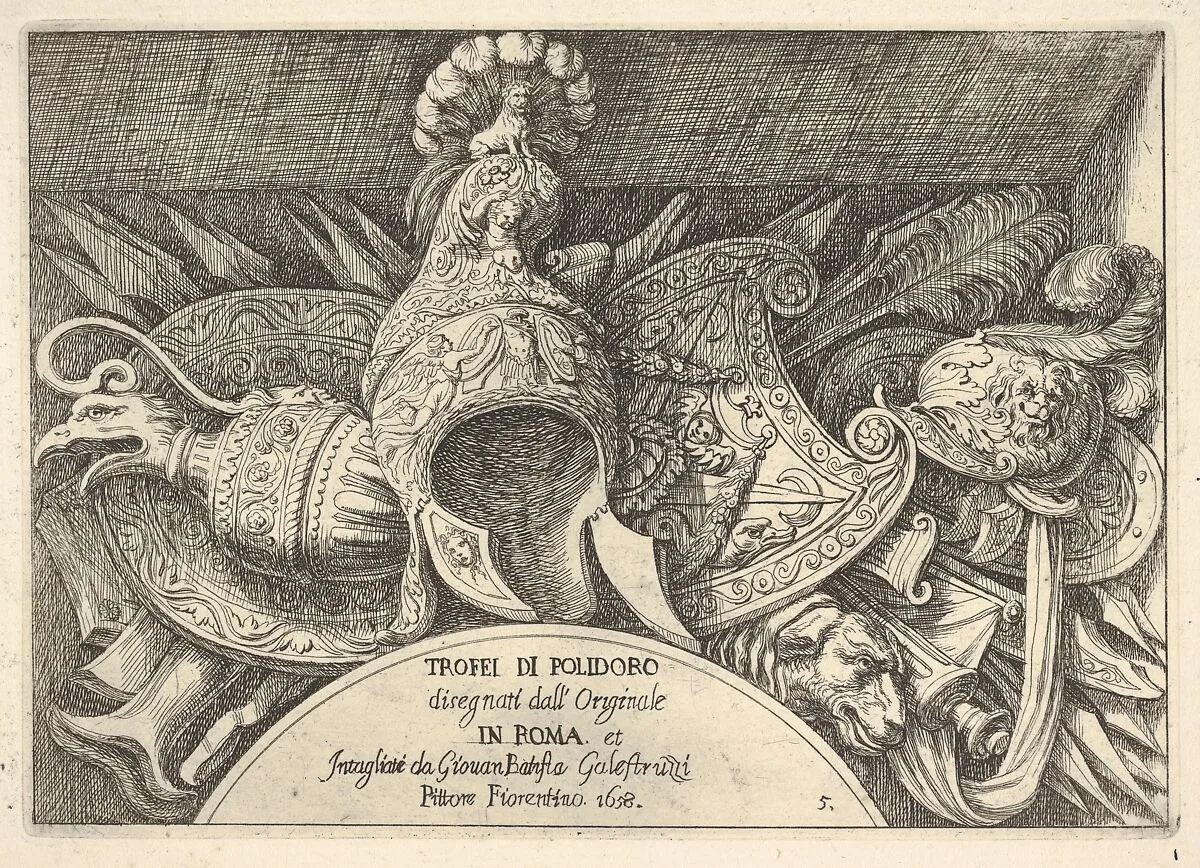 Plate 5: trophies of Roman arms from decorations above the windows on the second floor of the Palazzo Milesi in Rome — Giovanni Battista Galestruzzi|Polidoro da Caravaggio