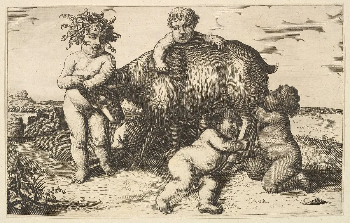 Four boys, a young satyr, and a goat (copy in reverse) — Wenceslaus Hollar|Pieter van Avont