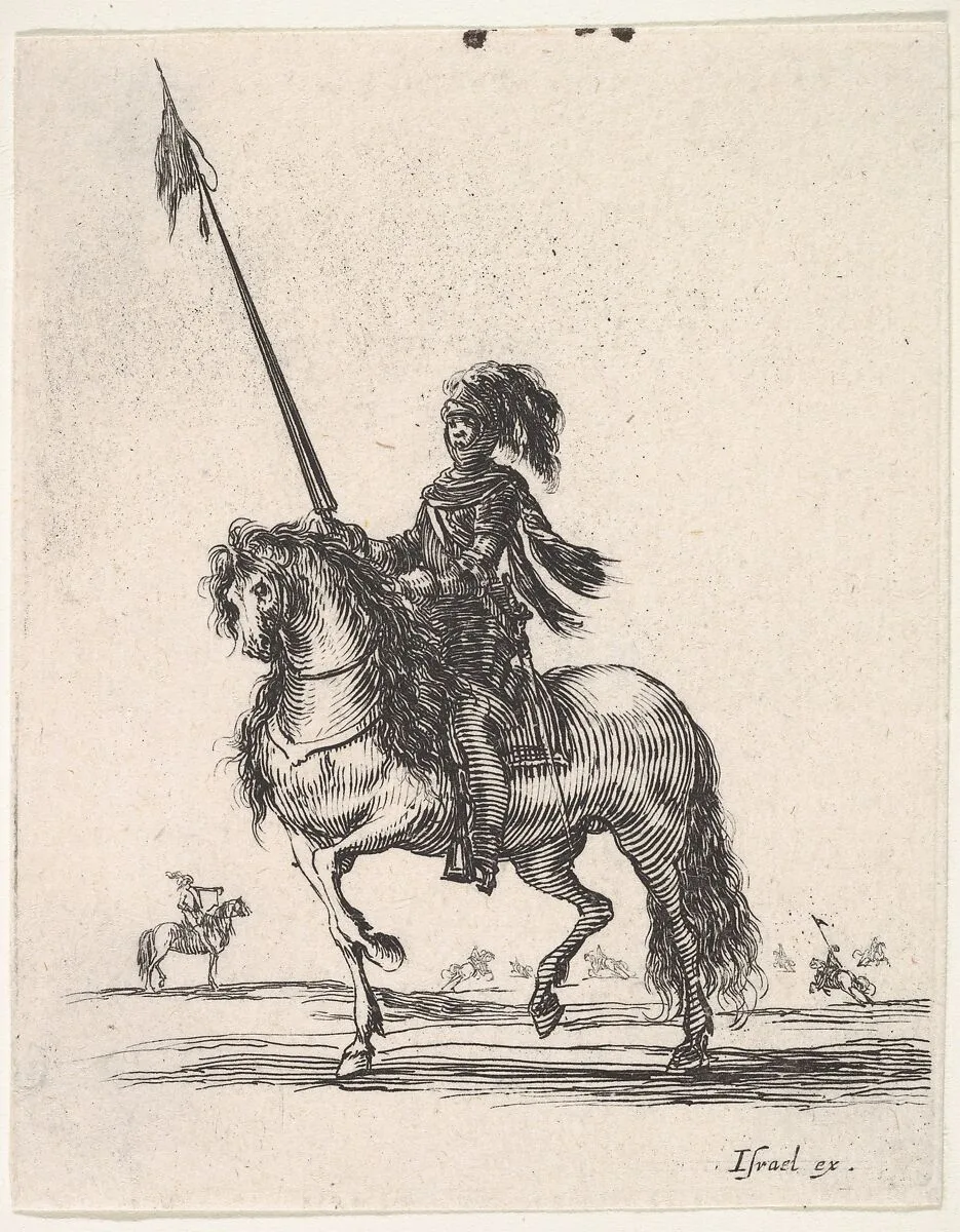 Mounted cuirassier holding a lance upright and riding towards left, other horsemen in the background, from 'Various cavalry exercises' (Diverses exercices de cavalerie) — Stefano della Bella|Israël Henriet